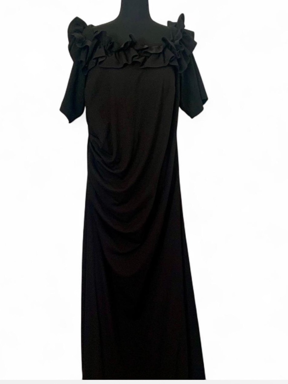 Xscape Black Ruffle-Detail Long Sleeve Gown